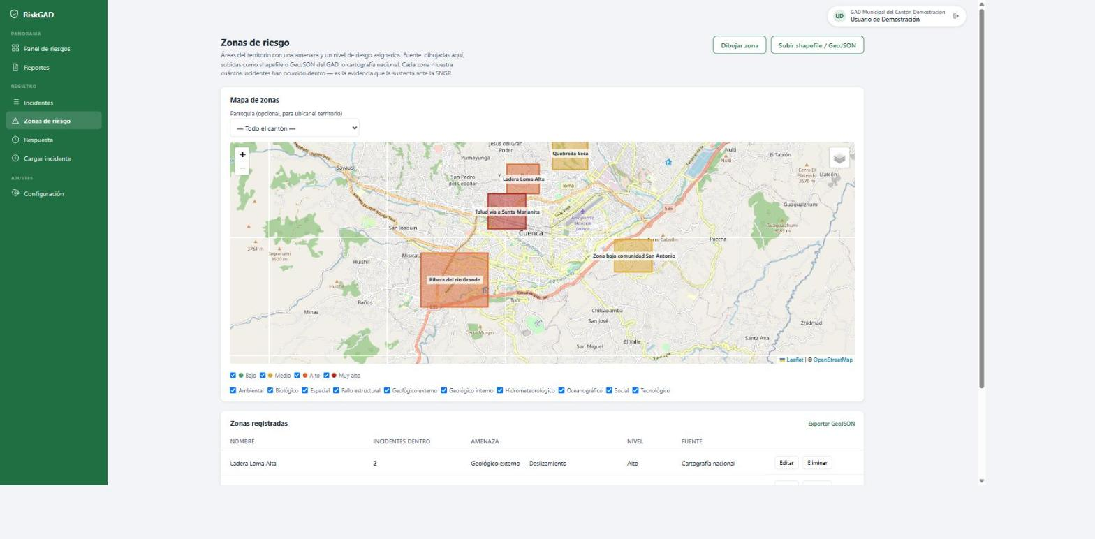 Mapa de zonas de riesgo de RiesGO+ con 5 polígonos identificados: Ribera del río Grande, Talud vía a Santa Marianita, Quebrada Seca, Ladera Loma Alta y Zona baja comunidad San Antonio